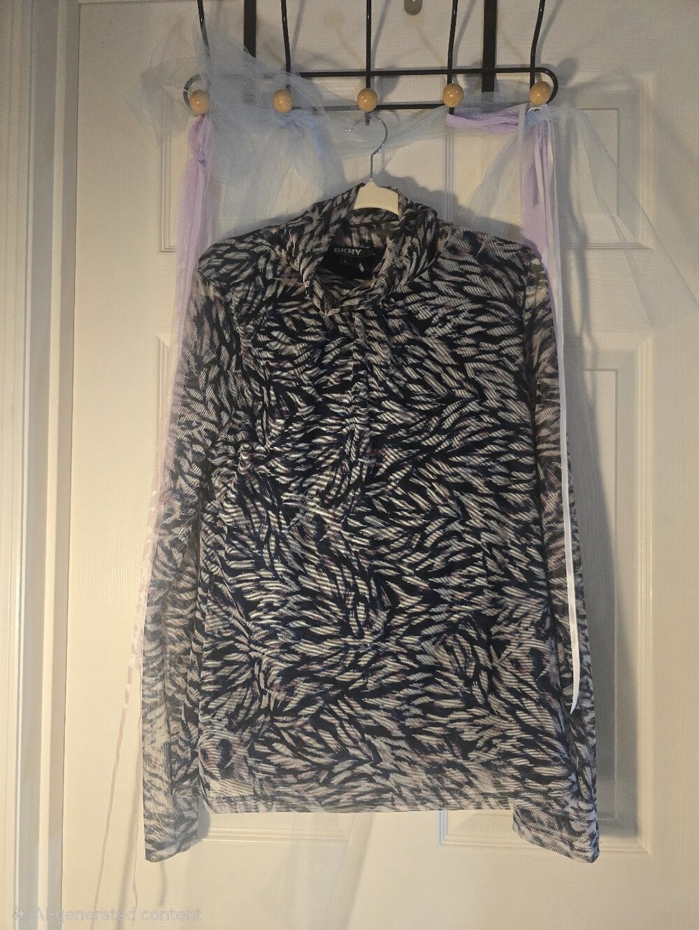 DKNY Navy and White Abstract-Print Long Sleeve Top